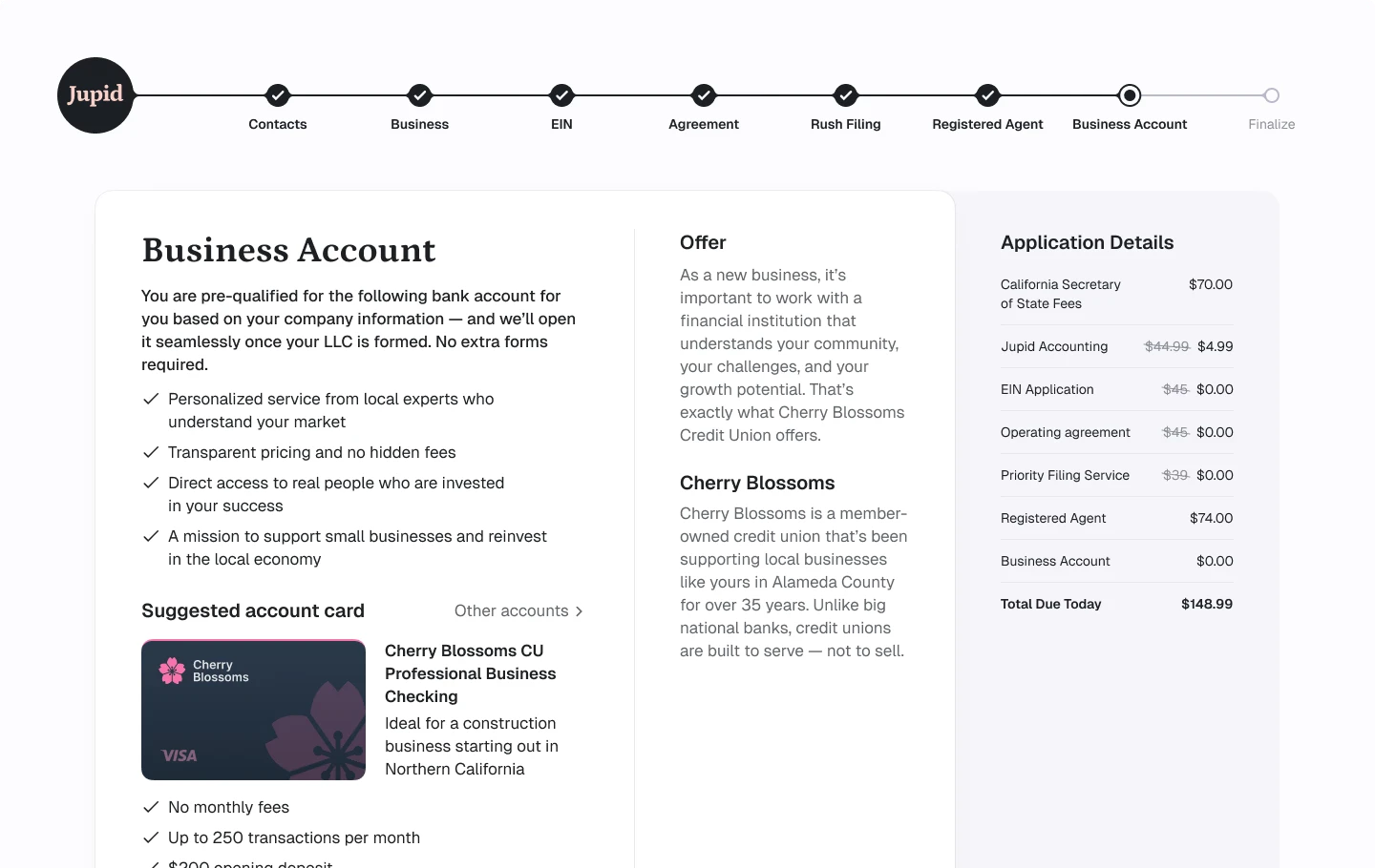 Business account setup interface